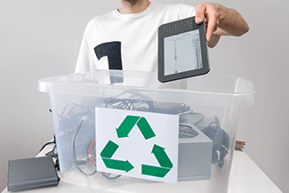 Electronic waste consists of items with a battery or plug. This includes all electronic devices and electronic parts discarded, like computers, keyboards, remote controls, wires, video game systems, toner cartridges, stereos, tablets, chargers, and home appliances like microwaves, electric cookers, heaters, etc..